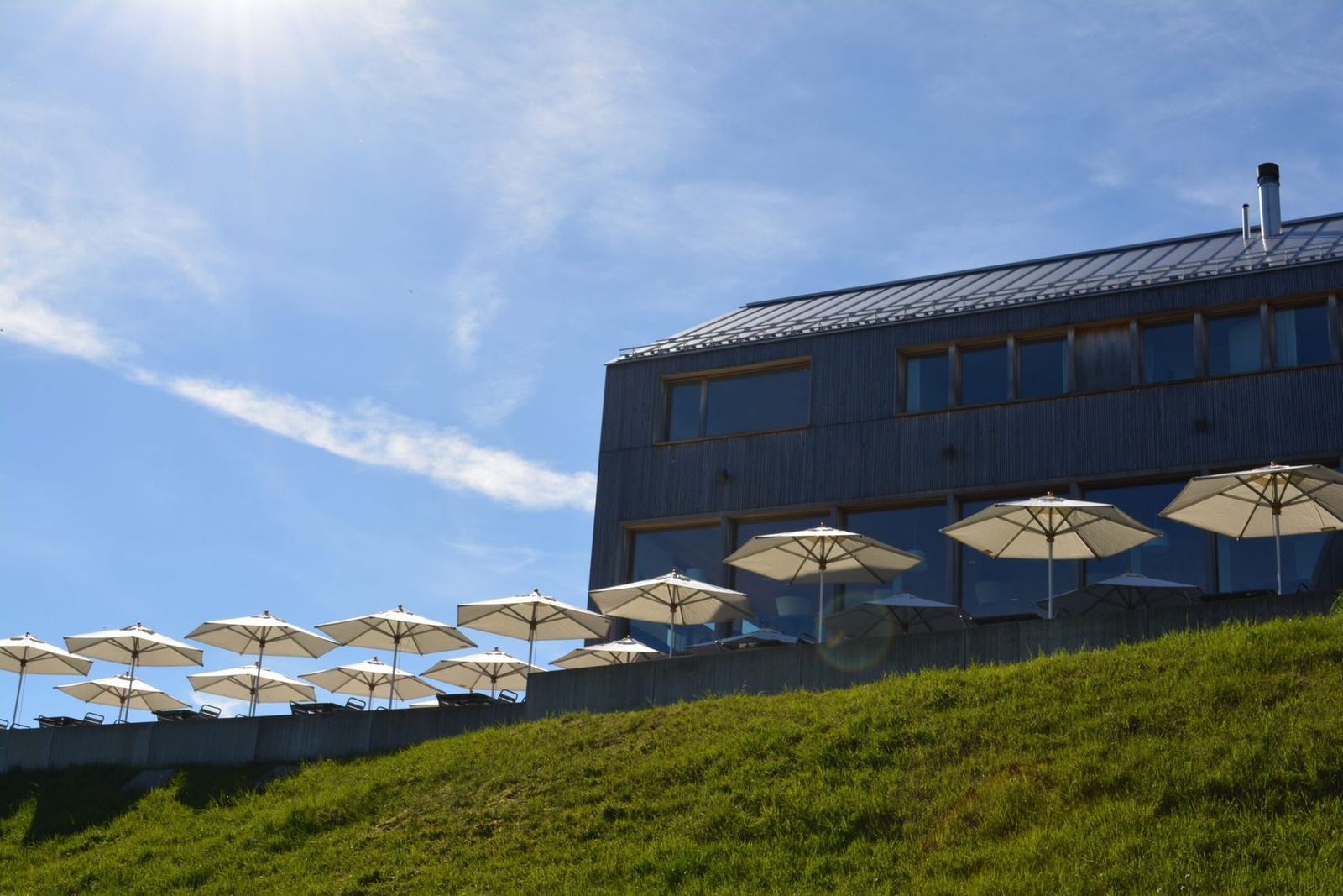 Das Gebäude von unten aus der Wiese fotografiert, dunkle Lattenfassade
